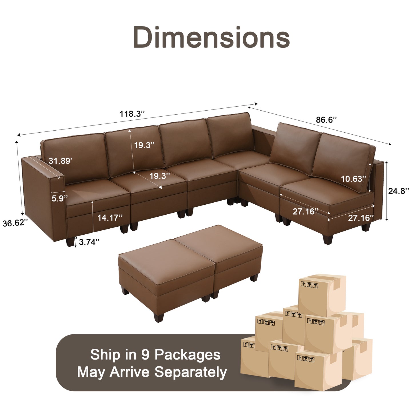 KuKuQb 118'' Modular Sectional Sofa with Storage, Convertible Stationary Couches for Living Room with 2 Ottomans, Brown