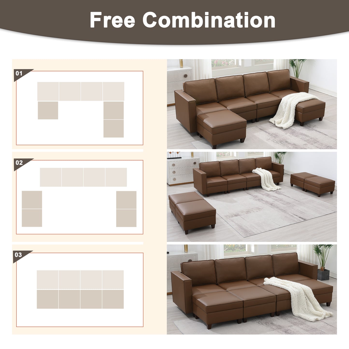 KuKuQb 118'' Modular Sectional Sofa with Storage, Convertible Stationary Couches for Living Room with 2 Ottomans, Brown