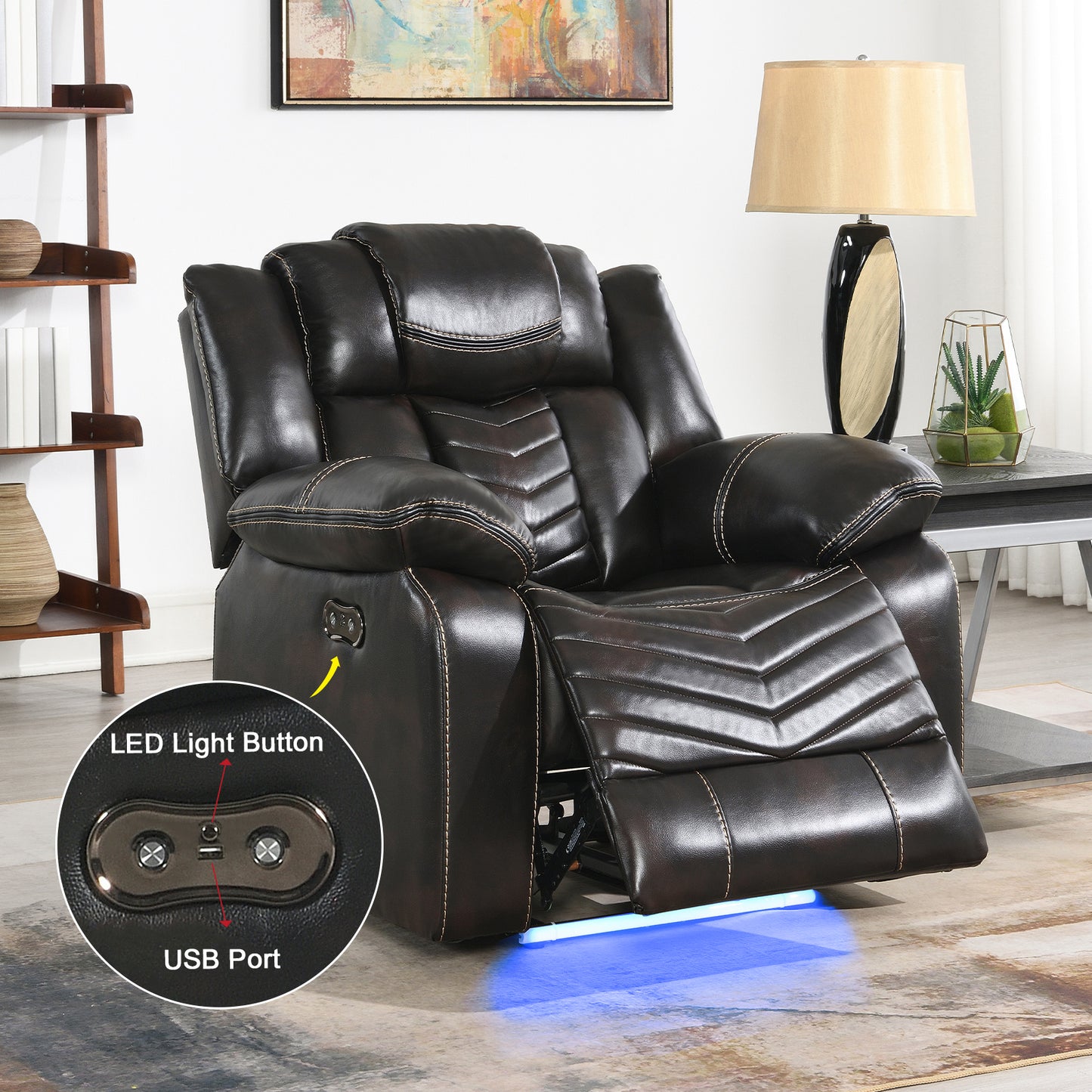 KuKuQb Air Leather Power Reclining Sofa,Living Room Furniture with LED Lights, 40"*40"*41" Home Theater Recliner Seating with USB Charging Port, Reclining Chair for Living Room/Office (2 Tone Brown)