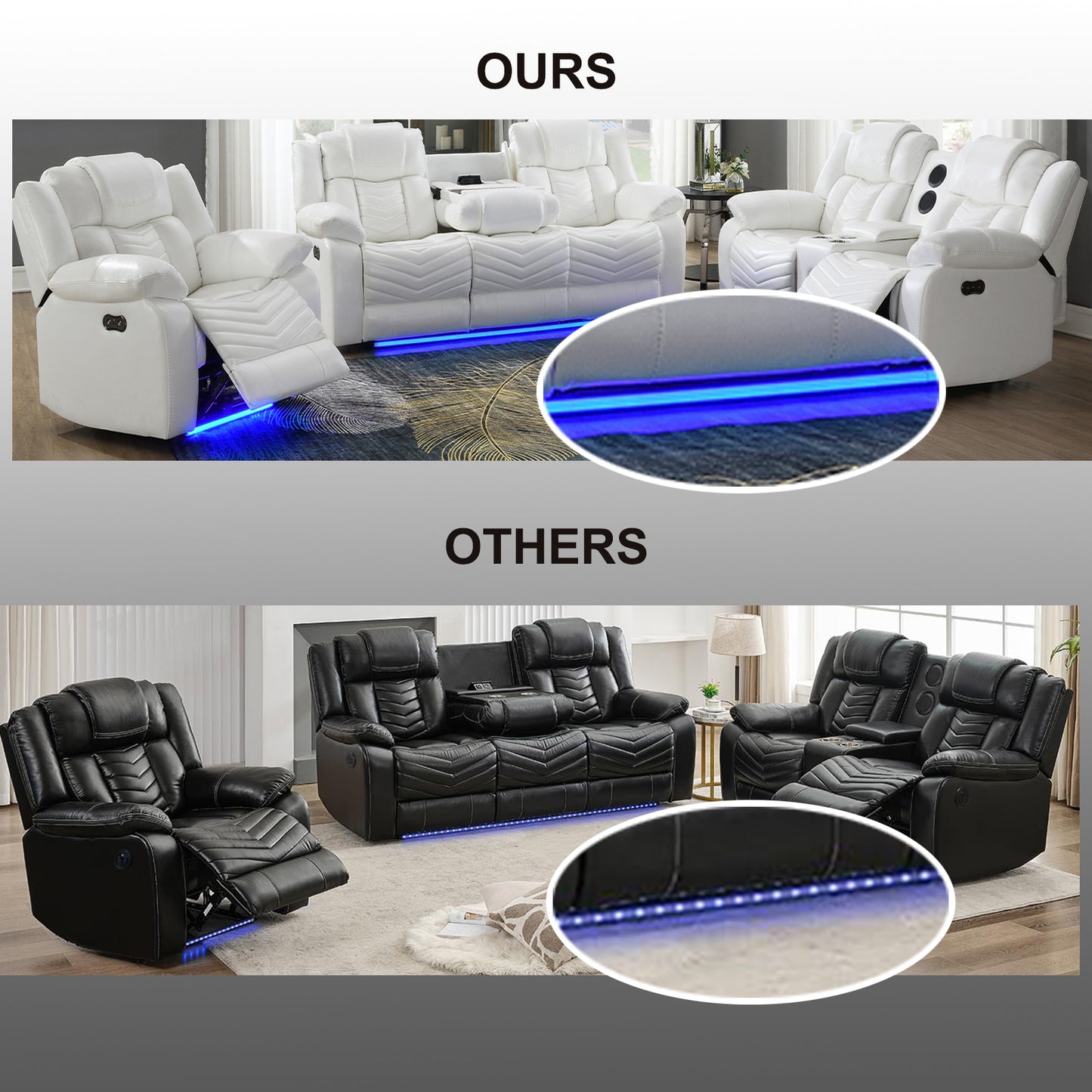 KuKuQb Power Air Leather Reclining Sofa Set with LED Light,Recliner Sofa with Drop Down Table,Wireless Charger,Storage Console,Bluetooth Speaker,USB Port,for Living Room/Office (3 Pieces Set,White)