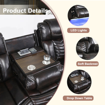 KuKuQb Power Air Leather Reclining Sofa Set with LED Light,Recliner Sofa with Drop Down Table,Wireless Charger,Storage Console,Bluetooth Speaker,USB Port,for Living Room/Office(2 Pieces Set,2 Tone Brown)