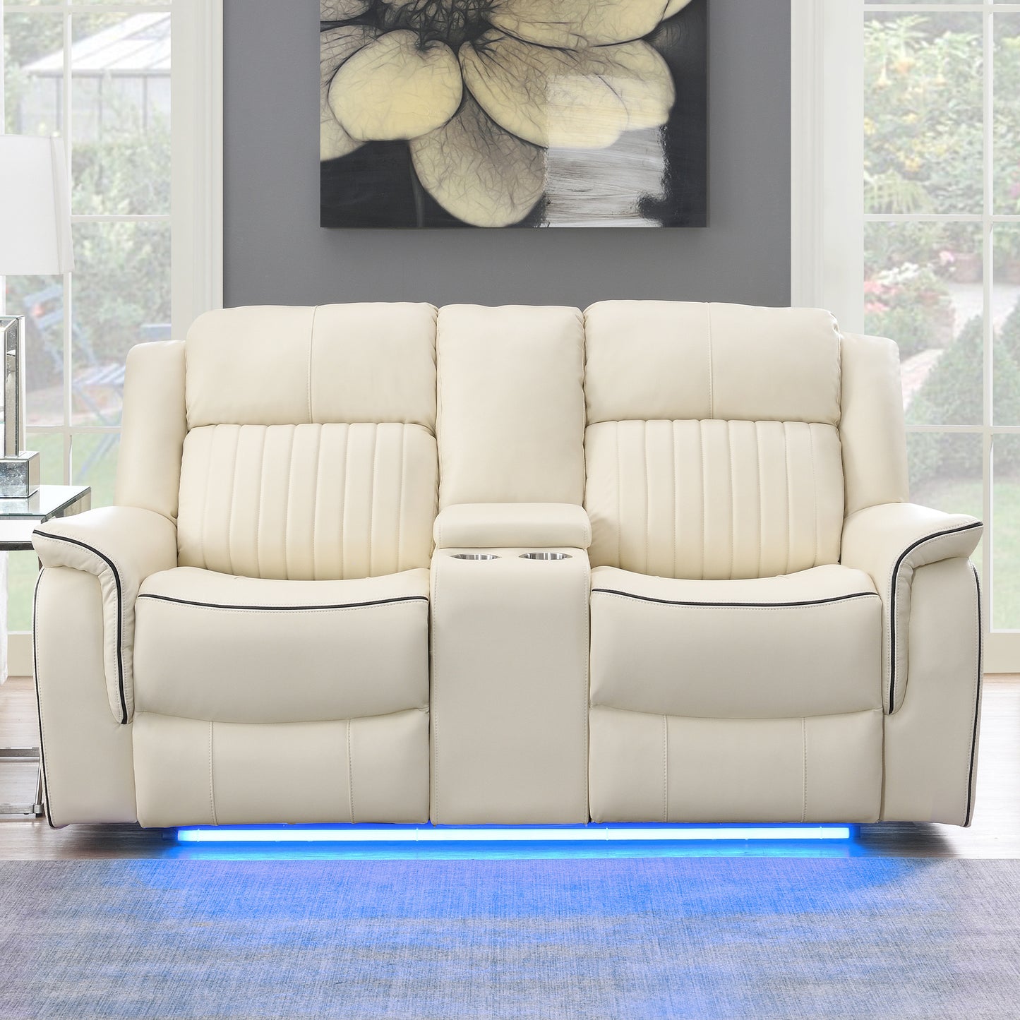 KuKuQb Power-Reclining-Sofa-and-Loveseat-Set, Recliner-Sofa-Set-for-Living-Room Upholstered Breathable Air Leather, Features Console/Drop Down Table/Cup-Holders/Wireless Charger/Outlet/USB-C(Beige)