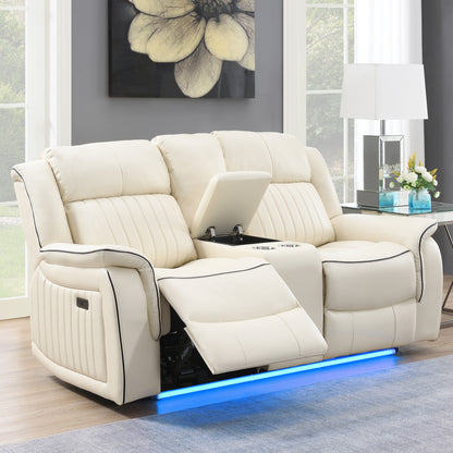 KuKuQb Power-Reclining-Sofa-and-Loveseat-Set, Recliner-Sofa-Set-for-Living-Room Upholstered Breathable Air Leather, Features Console/Drop Down Table/Cup-Holders/Wireless Charger/Outlet/USB-C(Beige)