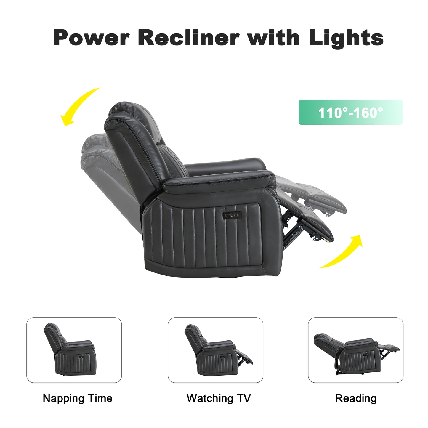 KuKuQbPower-Recliner-Chair with USB Charging Port, Recliner with LED Strips for Living Room, Home-Theater-Seating Upholstered Breathable Air Leather, High-Density Sponge(Gray)