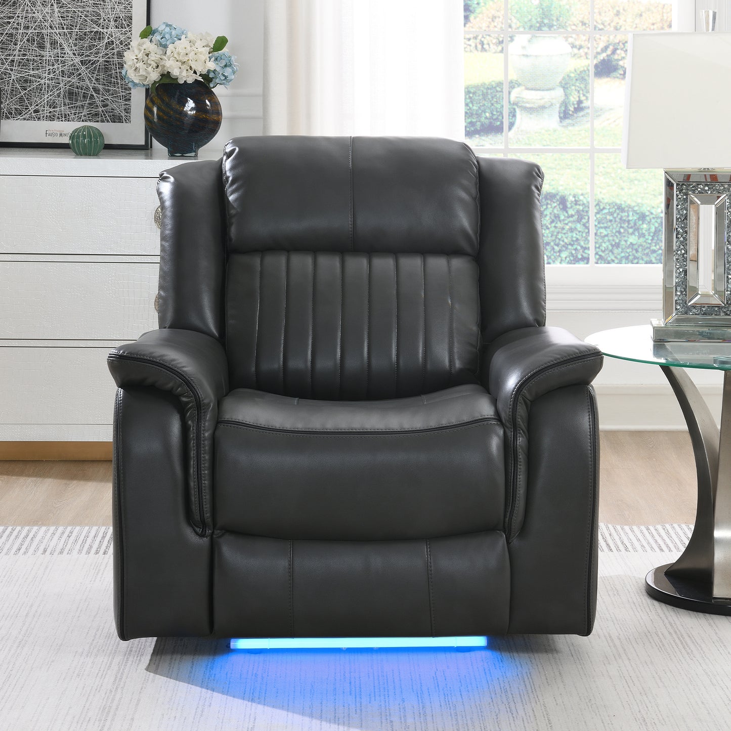 KuKuQbPower-Recliner-Chair with USB Charging Port, Recliner with LED Strips for Living Room, Home-Theater-Seating Upholstered Breathable Air Leather, High-Density Sponge(Gray)