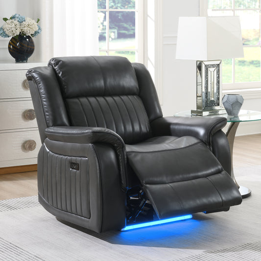 KuKuQbPower-Recliner-Chair with USB Charging Port, Recliner with LED Strips for Living Room, Home-Theater-Seating Upholstered Breathable Air Leather, High-Density Sponge(Gray)