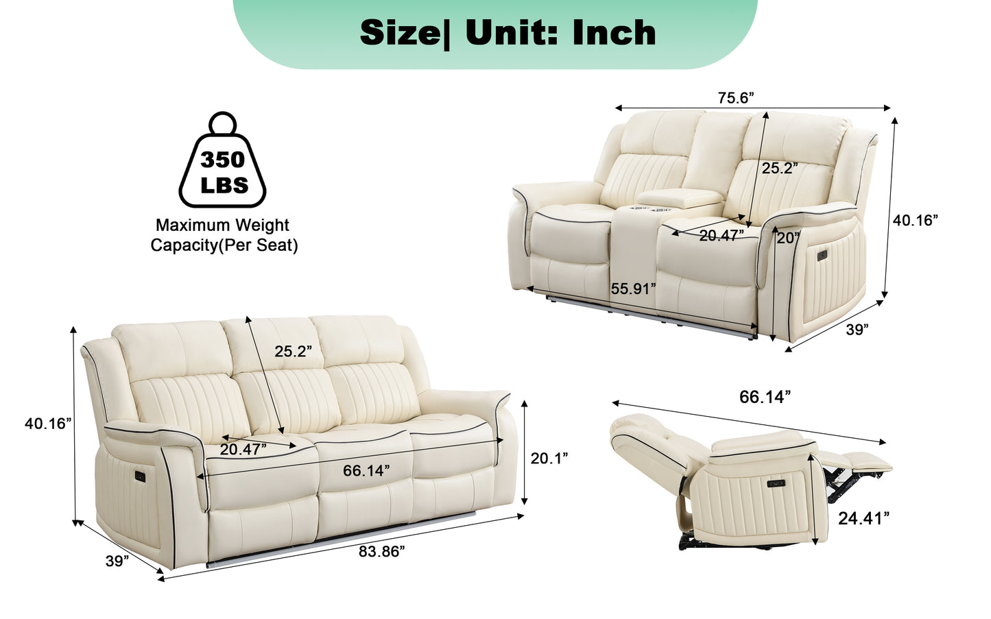 KuKuQb Power-Reclining-Sofa-and-Loveseat-Set, Recliner-Sofa-Set-for-Living-Room Upholstered Breathable Air Leather, Features Console/Drop Down Table/Cup-Holders/Wireless Charger/Outlet/USB-C(Beige)