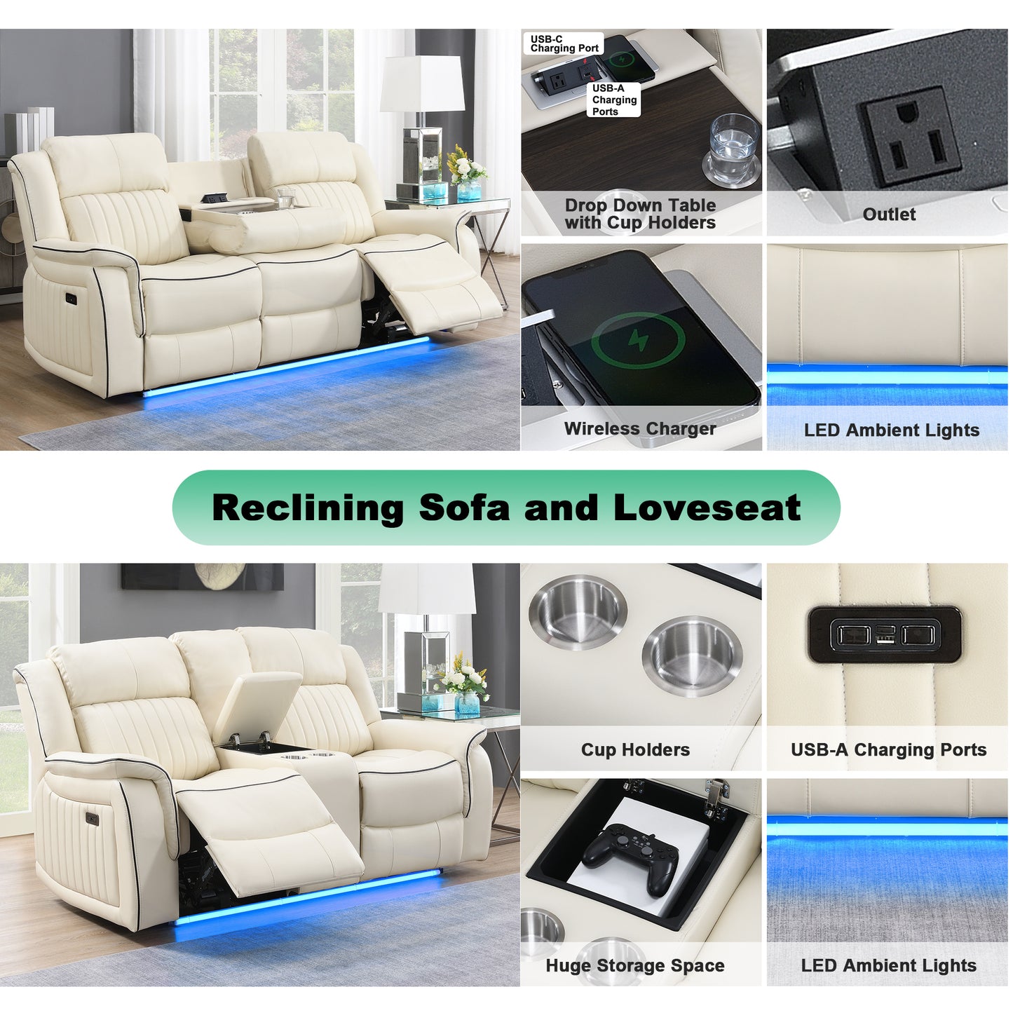 KuKuQb Power-Recliner-Sofa-Set-for-Living-Room, 3 Piece-Living-Room-Sets-Furniture Upholstered Breathable Air Leather, Features Console/Drop Down Table/Cup-Holders/Wireless Charger/Outlet/USB-C(Beige)