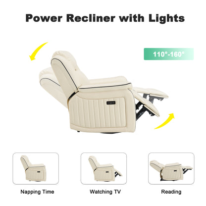 KuKuQb Power-Recliner-Chair with USB Charging Port, Recliner with LED Strips for Living Room, Home-Theater-Seating Upholstered Breathable Air Leather, High-Density Sponge(Beige)