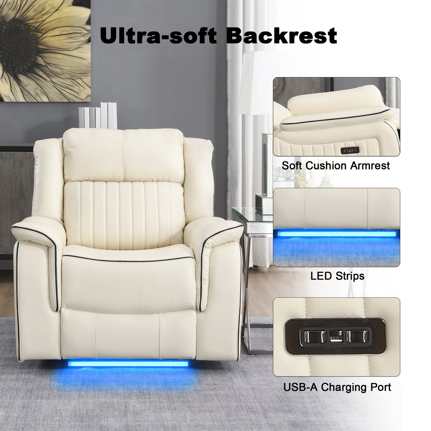 KuKuQb Power-Recliner-Chair with USB Charging Port, Recliner with LED Strips for Living Room, Home-Theater-Seating Upholstered Breathable Air Leather, High-Density Sponge(Beige)