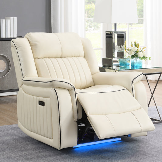 KuKuQb Power-Recliner-Chair with USB Charging Port, Recliner with LED Strips for Living Room, Home-Theater-Seating Upholstered Breathable Air Leather, High-Density Sponge(Beige)