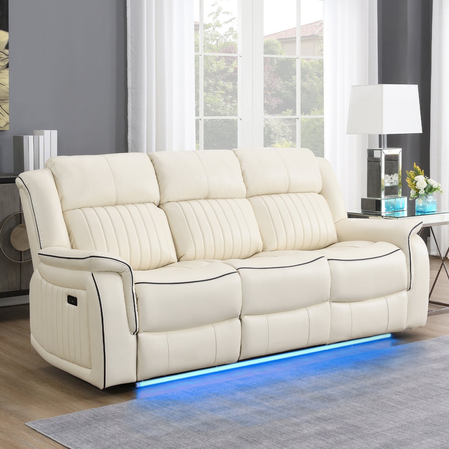 KuKuQb Power-Reclining-Sofa-and-Loveseat-Set, Recliner-Sofa-Set-for-Living-Room Upholstered Breathable Air Leather, Features Console/Drop Down Table/Cup-Holders/Wireless Charger/Outlet/USB-C(Beige)