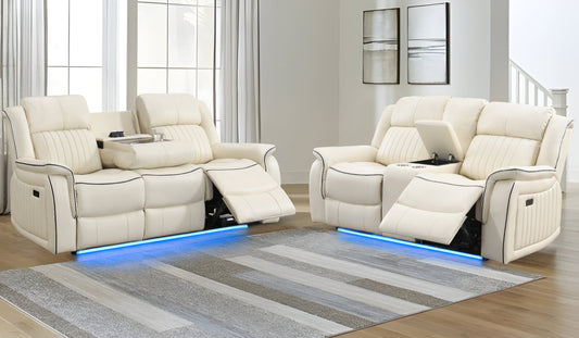 KuKuQb Power-Reclining-Sofa-and-Loveseat-Set, Recliner-Sofa-Set-for-Living-Room Upholstered Breathable Air Leather, Features Console/Drop Down Table/Cup-Holders/Wireless Charger/Outlet/USB-C(Beige)