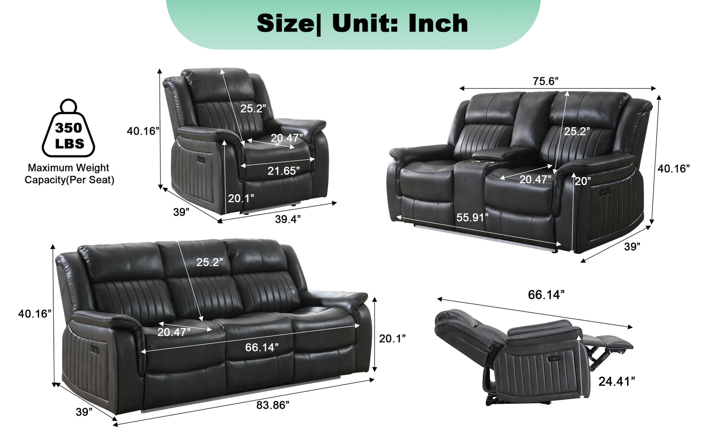 Power-Recliner-Sofa-Set-for-Living-Room, 3 Piece-Living-Room-Sets-Furniture Upholstered Breathable Air Leather, Features Console/Drop Down Table/Cup-Holders/Wireless Charger/Outlet/USB-C(Gray)