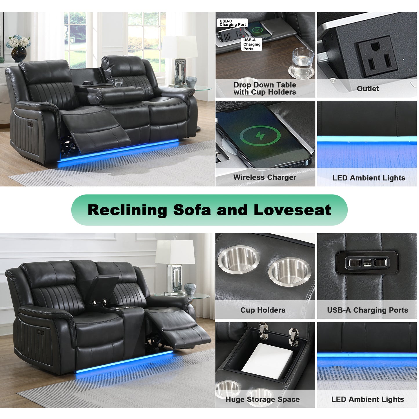 KuKuQb Power-Reclining-Sofa-and-Loveseat-Set, Recliner-Sofa-Set-for-Living-Room Upholstered Breathable Air Leather, Features Console/Drop Down Table/Cup-Holders/Wireless Charger/Outlet/USB-C(Gray)